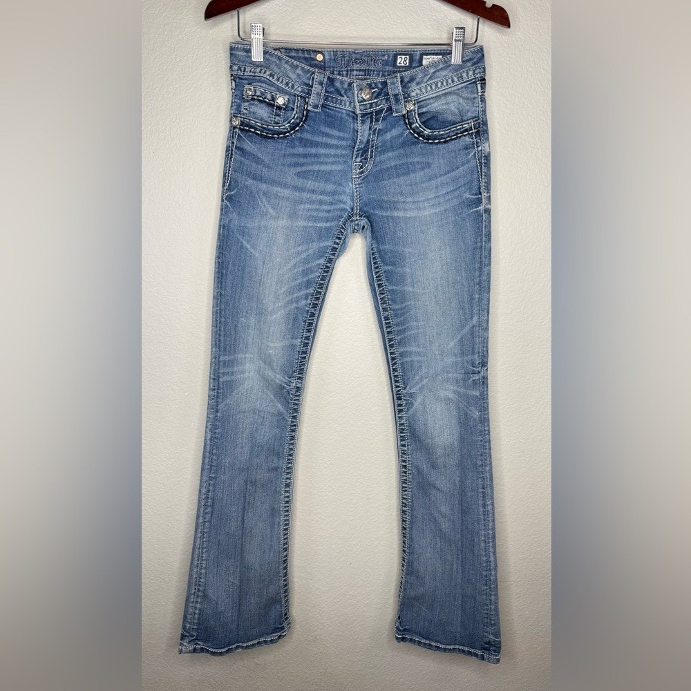 Miss Me Signature Rise Bootcut Jeans 28 Medium Wash Embroidered Rhinestone Back